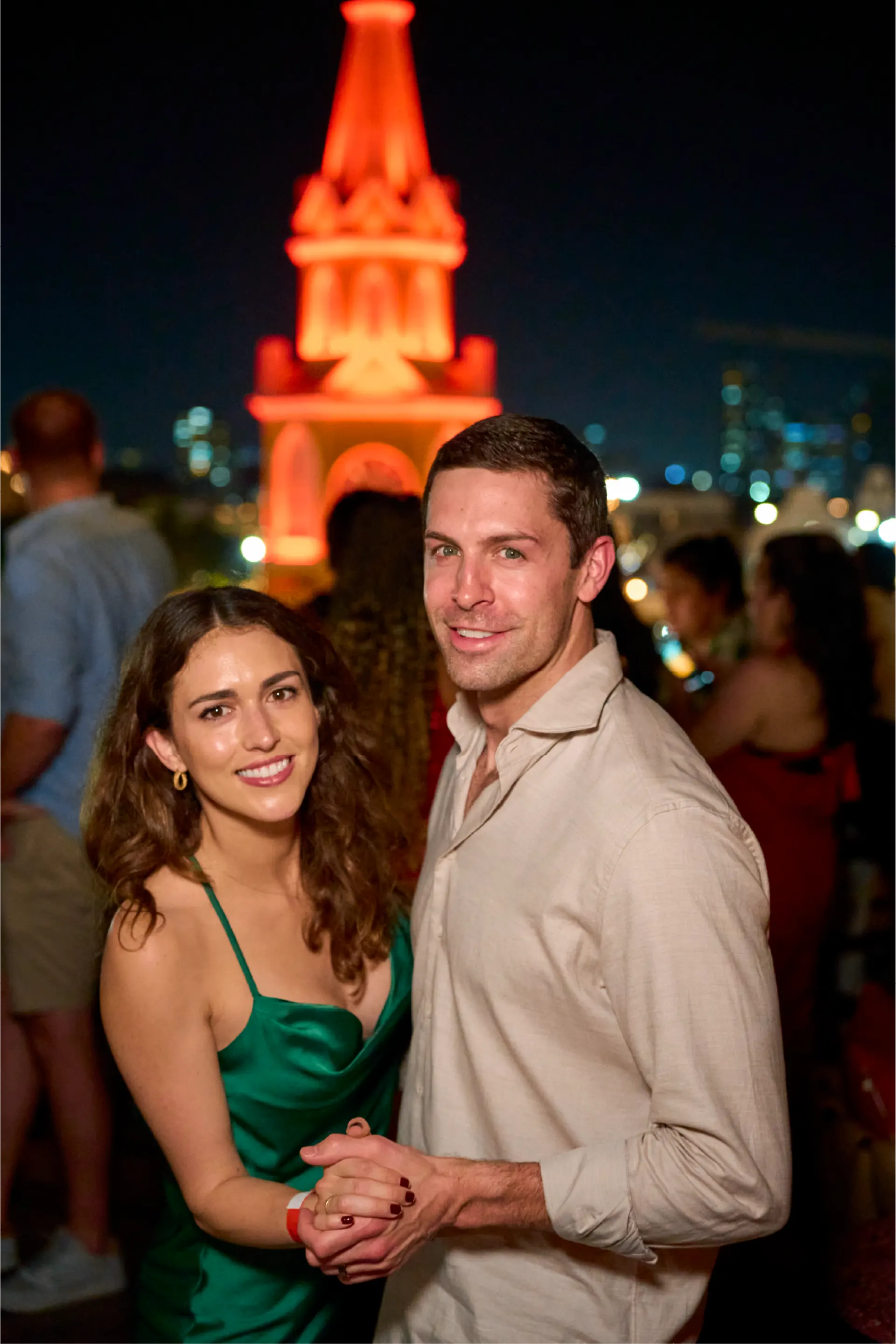 Cartagena Clock Tower at night with fireworks